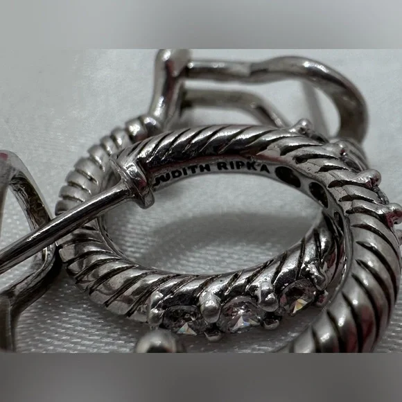 Vintage Judith Ripka Sterling Silver Hoop Earrings with CZ Inlay - Picture 3 of 4